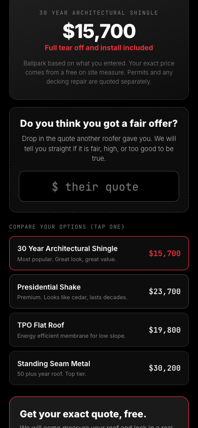 The free roof calculator showing an instant estimate
